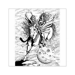 KRIEGERIN, FLIEGENDES PFERD PEGASUS FANTASY-HELDIN GUMMISTEMPEL