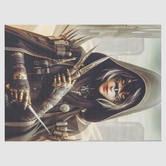 Kriegerin in Black Sci Fi Decoupage gekleidet Seidenpapier (Vorderseite)