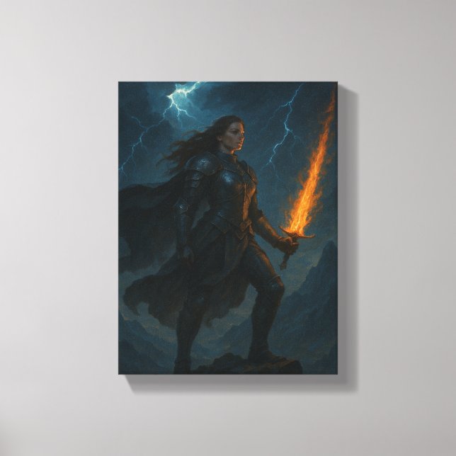 Kriegerin mit Flammenschwert auf der Sturmklippe Leinwanddruck (Vorderseite)