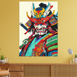 Kriegerischer Samurai-Krieger – Farbiger japanisch Leinwanddruck