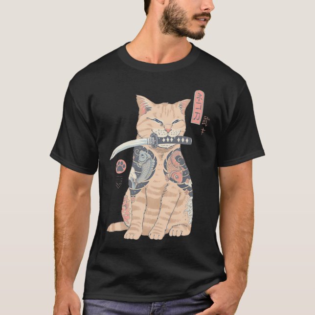 Kriegerkatze Samurai Kat Tattoo Kunst T-Shirt (Vorderseite)