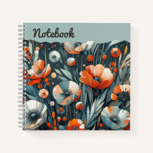 Krimson Poppies & Smoky Gray Geblüht handbemalt Notizbuch