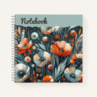 Krimson Poppies & Smoky Gray Geblüht handbemalt Notizbuch