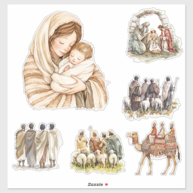 Krippe, Baby Jesus, Maria und Joseph Aufkleber (Blatt)