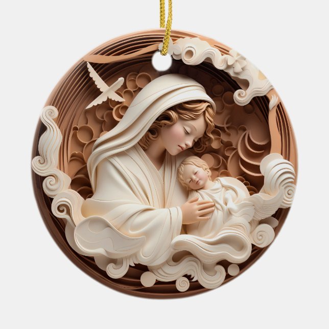 Krippe Maria und Baby Jesus 3d Holz aussehen weiß Keramik Ornament (Vorne)