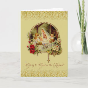 Krippe Mary Jesus Rosary Angels Rote Rosen Feiertagskarte