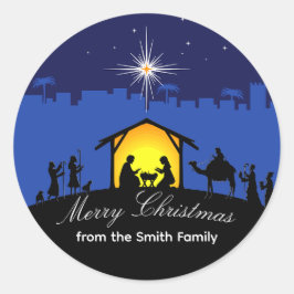 Krippe Scene Blue Star Weihnachtsaufkleber Runder Aufkleber