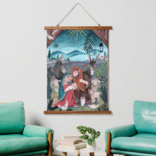 Krippengeszene Mary & baby Jesus Tapestr Wandteppich Mit Holzrahmen (Wohnzimmer)