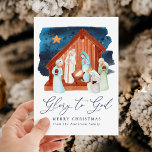 Krippenglorie der Aquarellkunst für Gott ohne Foto Feiertagskarte<br><div class="desc">Feiern Sie den Grund für die Saison mit unserer schönen Weihnachtskarte der Krippe. Die religiöse Weihnachtskarte zeigt eine Krippe in Aquarellfarben mit dem Titel "Ruhm zu Gott", das in einem marineblauen Kalligraphieskript ausgestellt ist. Personalisieren Sie die Vorderseite der Weihnachtskarte ohne Foto, indem Sie einen individuellen Gruß und den Namen Ihrer...</div>