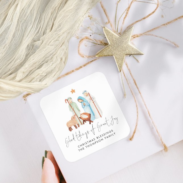 Krippenillustrierung von Glad-Dingen großer Freude Quadratischer Aufkleber (Mary Joseph  Baby Jesus and Shepherd Nativity Scene Christmas Gift Stickers)