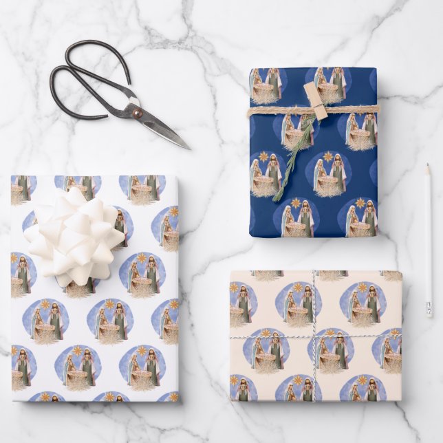 Krippenlandschaft Mary Joseph Jesus Pattern Weihna Geschenkpapier Set (Vorderseite)