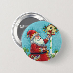 KRIS KRINGLE FÜTTERND REDBIRDS, CHRISTMAS BIRDHOUS BUTTON