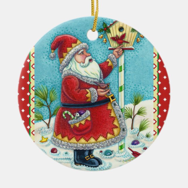 KRIS KRINGLE FÜTTERND REDBIRDS, CHRISTMAS BIRDHOUS KERAMIK ORNAMENT (Vorne)