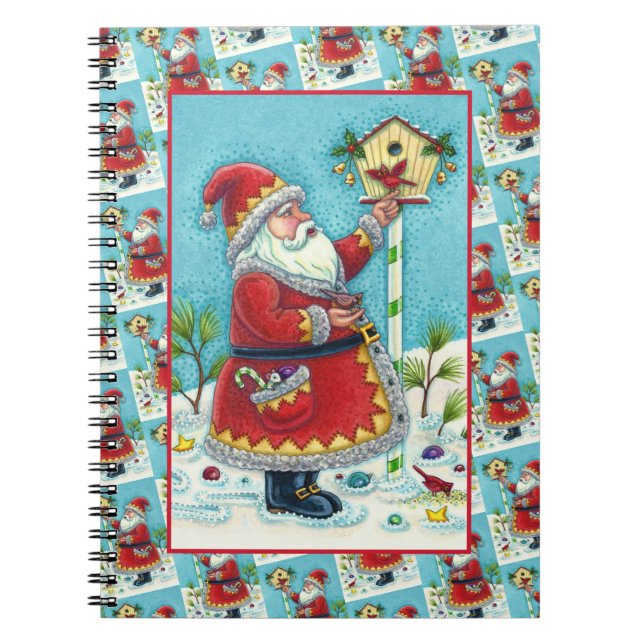 KRIS KRINGLE FÜTTERND REDBIRDS, CHRISTMAS BIRDHOUS NOTIZBLOCK (Vorderseite)