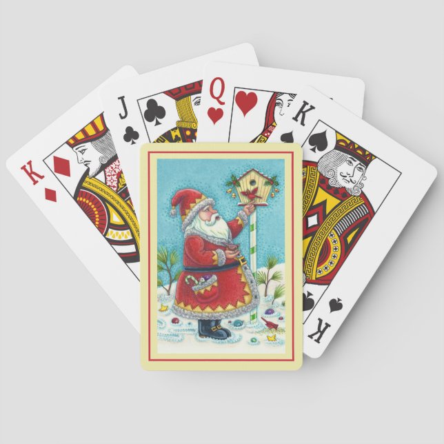 KRIS KRINGLE FÜTTERND REDBIRDS, CHRISTMAS BIRDHOUS SPIELKARTEN (Rückseite)