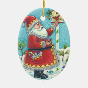 KRIS KRINGLE REDBIRDS BIRDHOUSE CHRISTMAS ORNANATI KERAMIK ORNAMENT