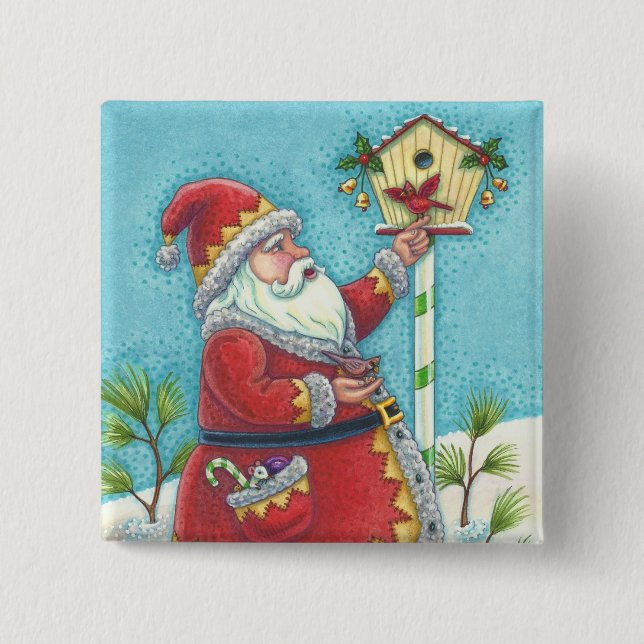 KRIS KRINGLE REDBIRDS, CHRISTMAS BIRDHOUSE BUTTON (Vorderseite)