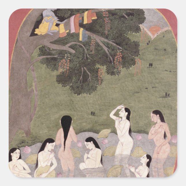 Krishna mit den Kühe-Girls-Kleidern, Quadratischer Aufkleber (Vorderseite)