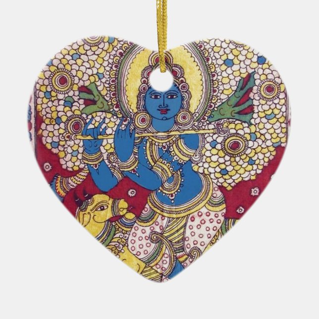 KRISHNA MIT MALEREI DER FLÖTEN-KALAMKARI KERAMIK ORNAMENT (Vorne)