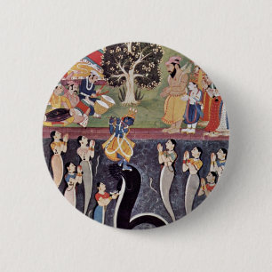 Krishna tanzt über den bezwungenen Kaliya Naag im Button