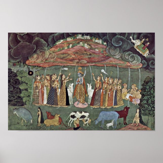 Krishna und der Berg Govardhan von Shahadin Poster (Vorne)