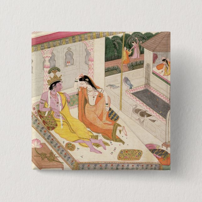 Krishna und Radha auf einem Bett in einem Button (Vorderseite)