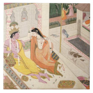 Krishna und Radha auf einem Bett in einem Fliese