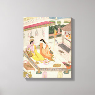 Krishna und Radha auf einem Bett in einem Leinwanddruck