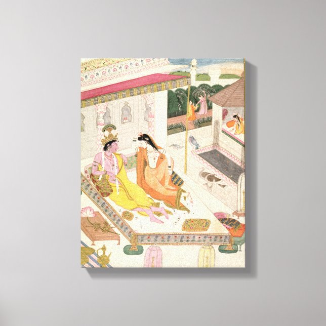 Krishna und Radha auf einem Bett in einem Palast i Leinwanddruck (Vorderseite)