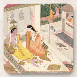 Krishna und Radha auf einem Bett in einem Untersetzer