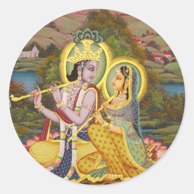 Krishna und Radha auf Lotus Runder Aufkleber (Vorderseite)
