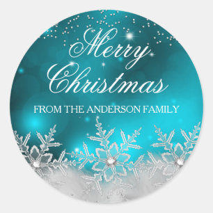 Kristall-Schneeflocken Türkis-Weihnachts-Sticker Runder Aufkleber