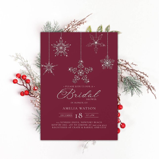 Kristall Snowflake Burgund Winter Brautparty Einladung (rhinestones bridal shower invitation glitter snowflakes burgundy red modern festive classy bling)