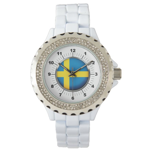 Kristall White Enamel Watch - Schweden-Flagge Armbanduhr (Vorderseite)