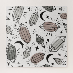 Kristalle, Mond, Sterne, überlappendes Design. Puzzle