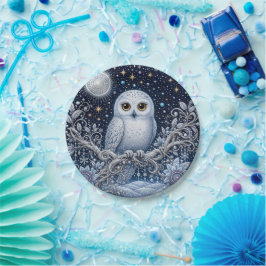 Kristallene Winternacht mit Schneeeule Pappteller