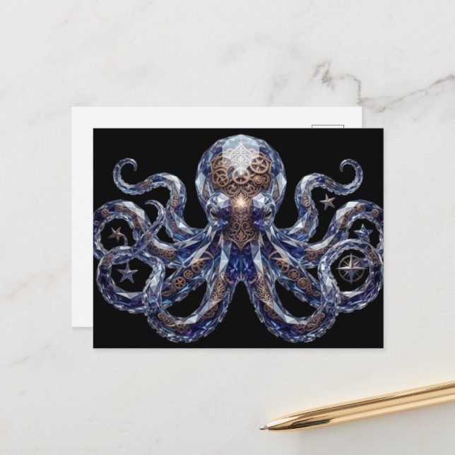 Kristalliner Steampunk-Oktopus Postkarte (Vorderseite/Rückseite Beispiel)