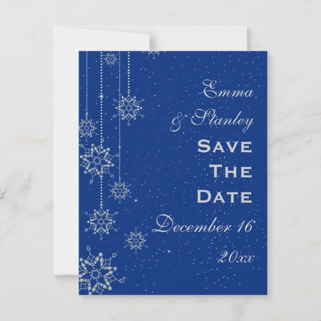 Kristallschneeflocken blaue Hochzeit Sichern das D Save The Date (Vorderseite)