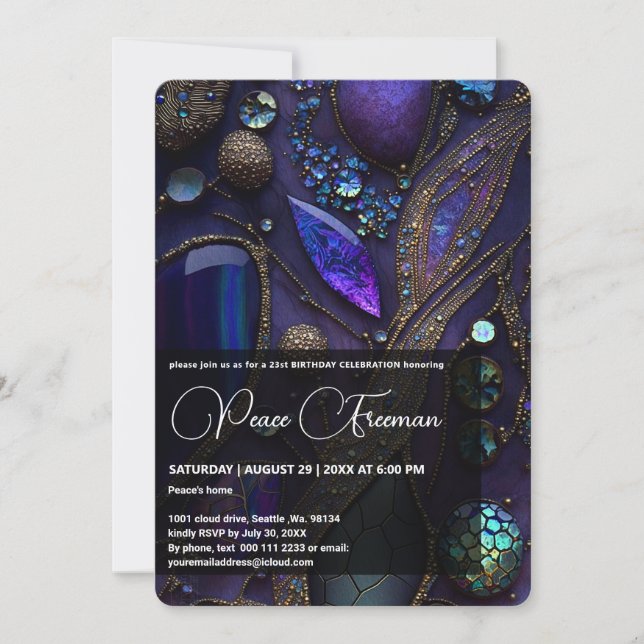 Kristallsteine, Lila, violett, Gold Einladung (Vorderseite)