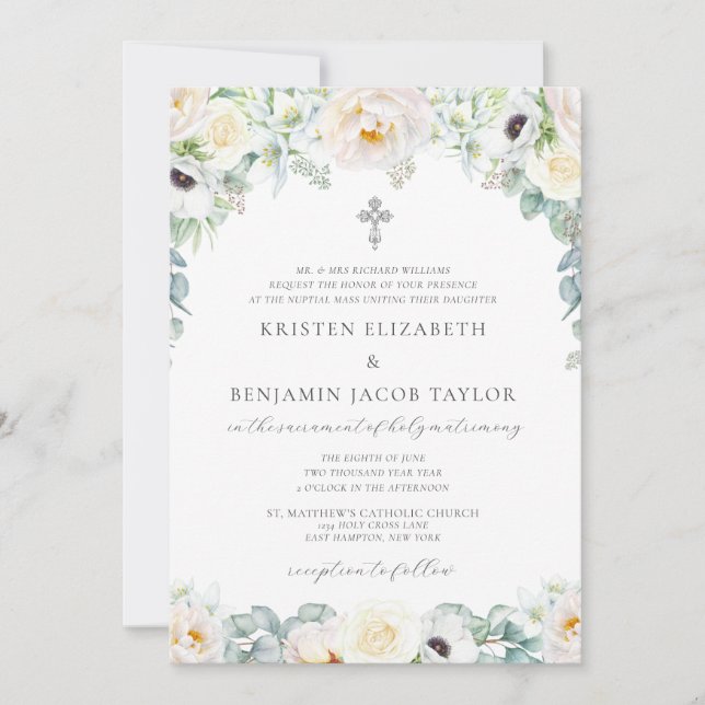 Kristen Simple White Floral Katholic Wedding Einladung