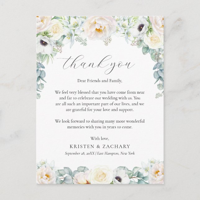Kristen White Floral Wedding Empfang Vielen Dank Postkarte (Vorderseite)