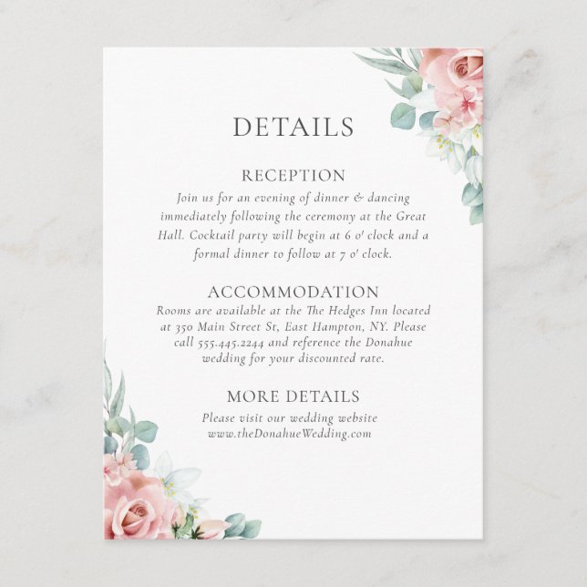 Kristina Pastel Pink Floral Boho Hochzeitsdetails Begleitkarte (Vorderseite)