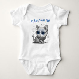 Kritische Katze beurteilt Ihren blauen Text Baby Strampler