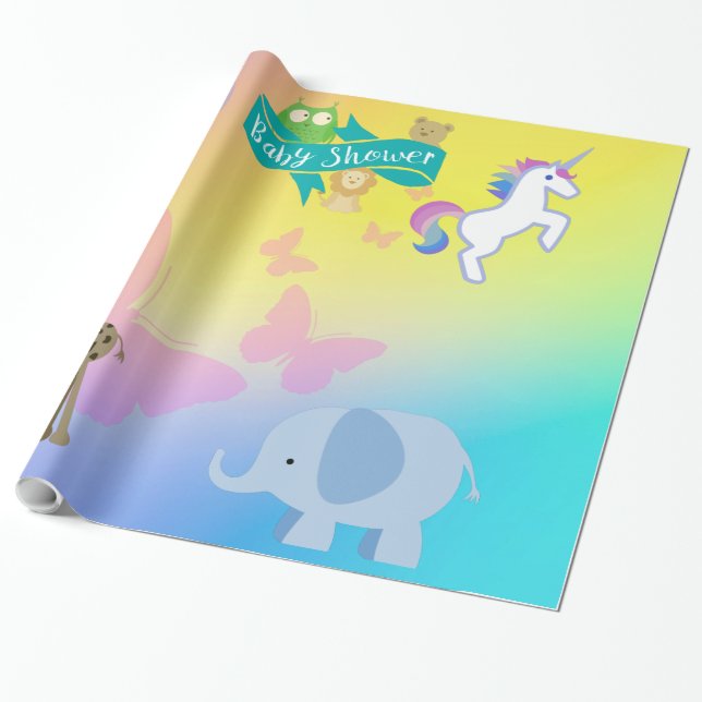 Kritter und Schmetterlinge Babydusche gelb blau Geschenkpapier (Ungerollt)