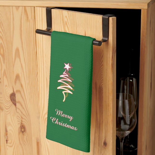 Kritzelbaum + Stern Frohe Weihnachten Grün Geschirrtuch (Drittel gefaltet)