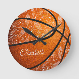 Kritzelblumen Federn Paislies Boho Basketball Runde Wanduhr