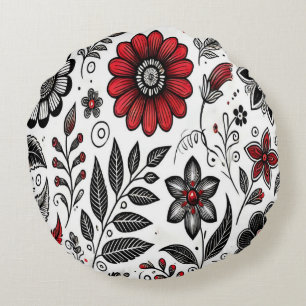 Kritzle Blumen und Blätter in Rot und Schwarz Rundes Kissen