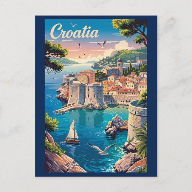 Kroatien Dubrovnik Illustration Reisen Vintag Postkarte (Vorderseite)