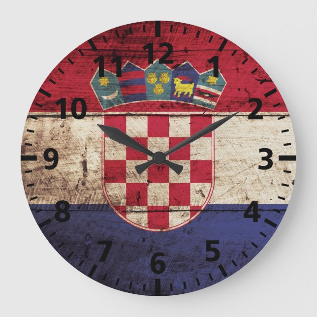 Kroatien Flagge für altes Holzkörnchen Große Wanduhr (Vorderseite)