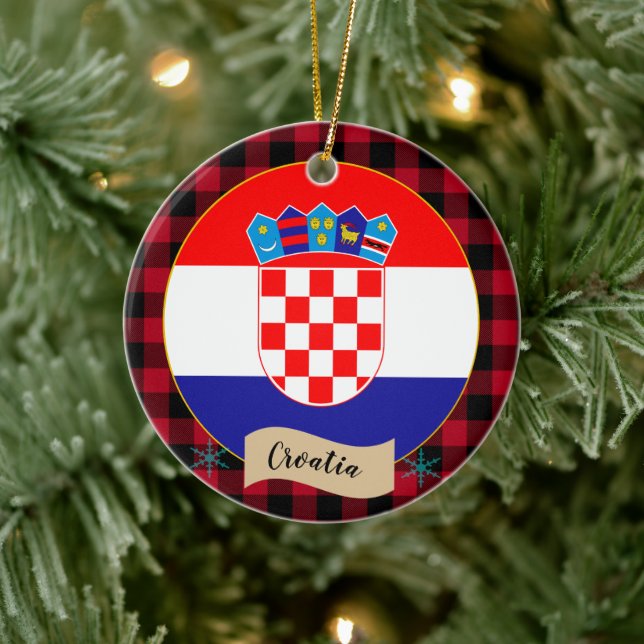 Kroatien, Roter Büffel kariert & Kroatische Flagge Keramik Ornament (Baum)
